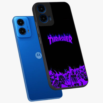 Neon Flame Riot Glass Case displayed in angled mockup highlighting glowing flame design with vibrant neon aesthetic.