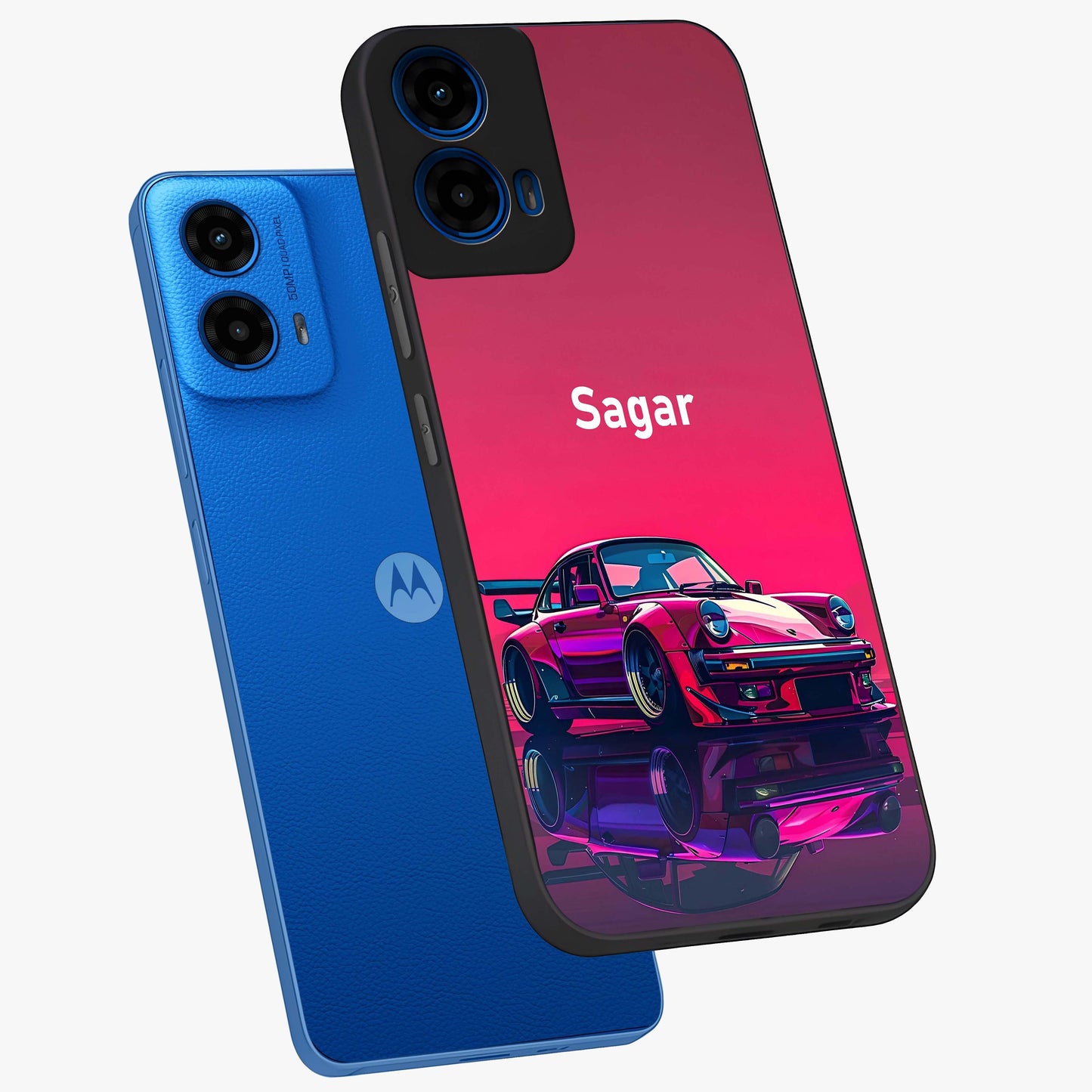 Neon Pink Porsche Glass Case displayed in angled mockup highlighting sleek neon pink car design with racing aesthetic.