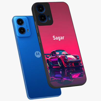 Neon Pink Porsche Glass Case displayed in angled mockup highlighting sleek neon pink car design with racing aesthetic.