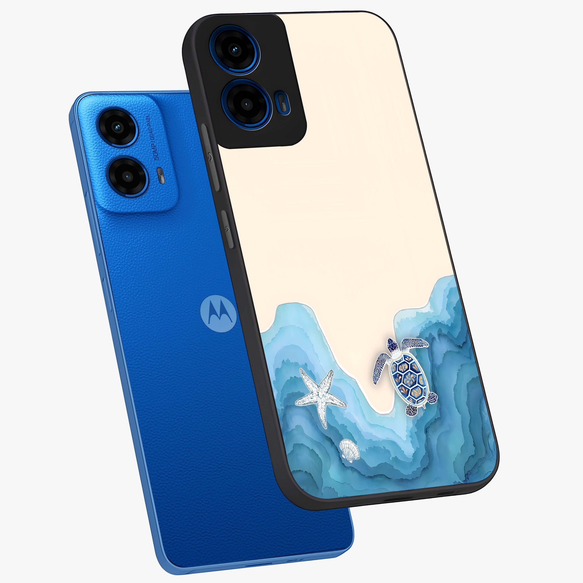 Ocean Drift Turtle Glass Case displayed in angled mockup highlighting peaceful ocean turtle illustration with marine aesthetic.