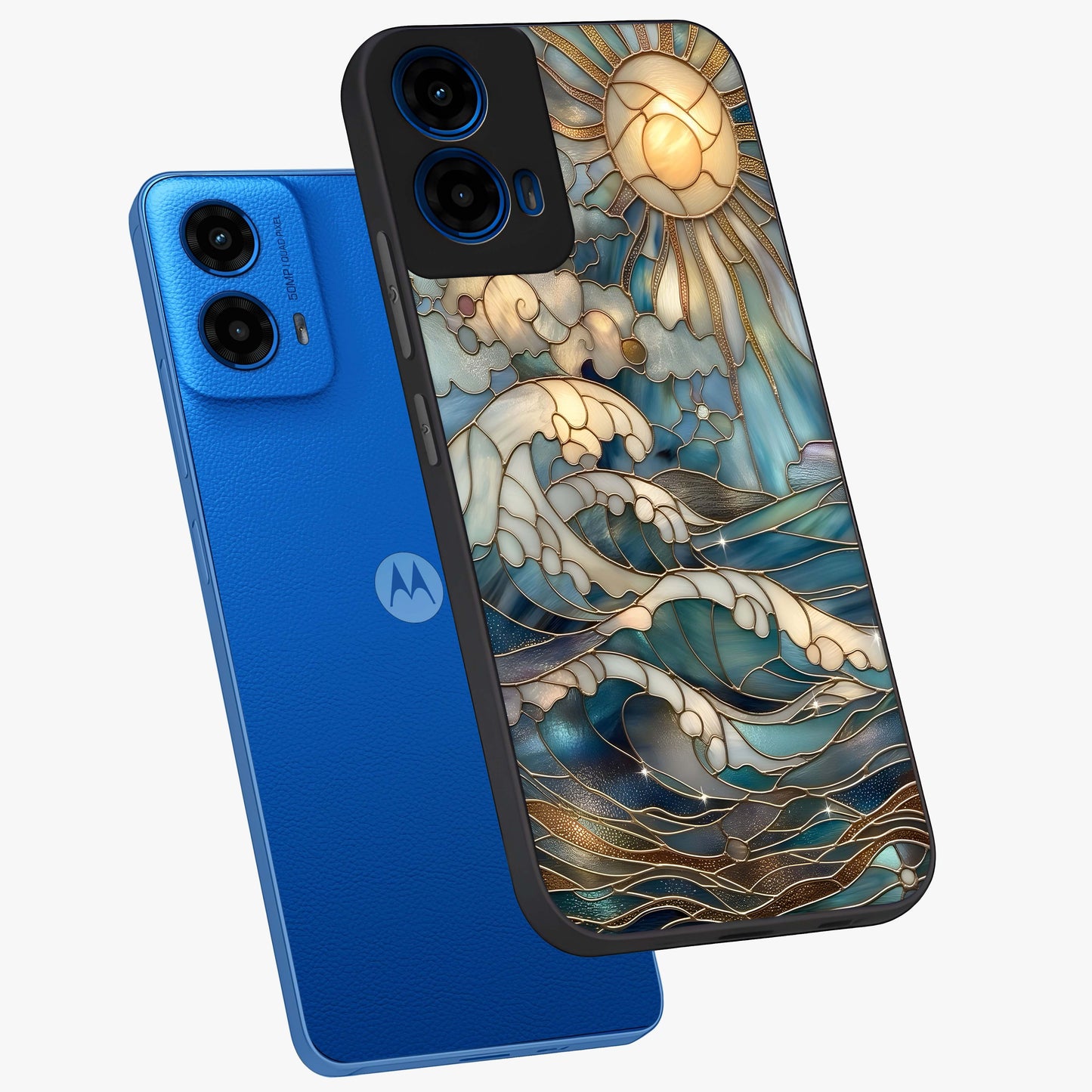 Oceanic Stained Printed Glass Case displayed in angled mockup highlighting colorful aquatic design with artistic aesthetic style.