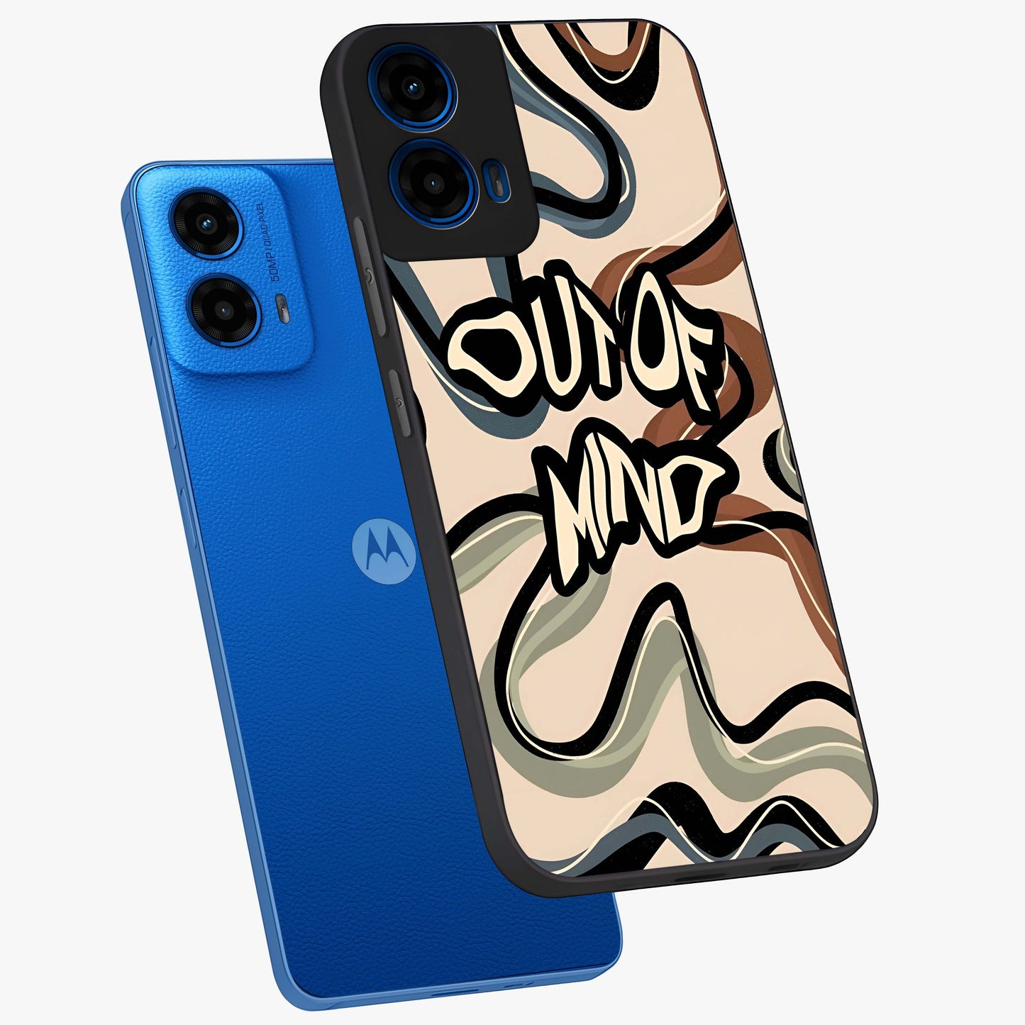 Out Of Mind Glass Case displayed in angled mockup highlighting bold statement design with modern artistic aesthetic.