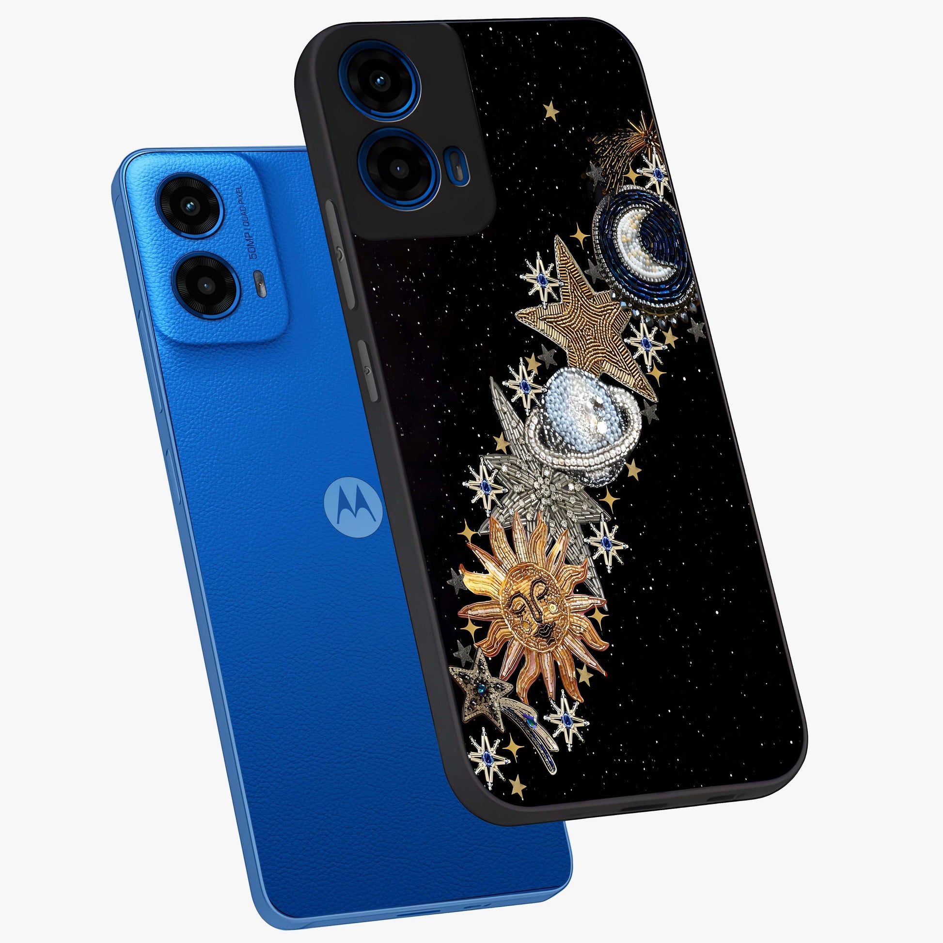 Pearls Universe Object Glass Case displayed in angled mockup highlighting celestial pearl design with dreamy aesthetic.