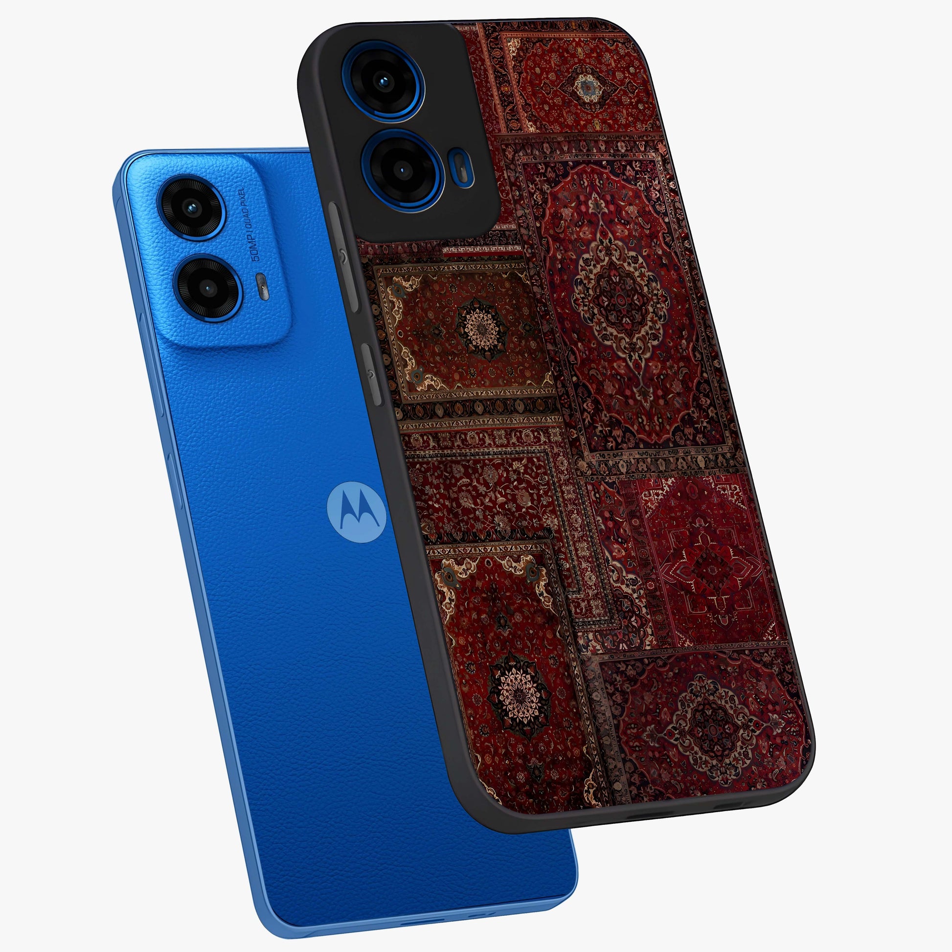 Persian Velvet Tale Glass Case displayed in angled mockup highlighting ornate textile inspired design with royal aesthetic.