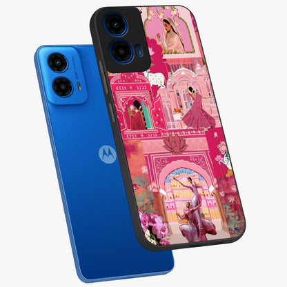 Pink Palace Muse Glass Case displayed in angled mockup highlighting dreamy palace illustration with soft pink aesthetic.