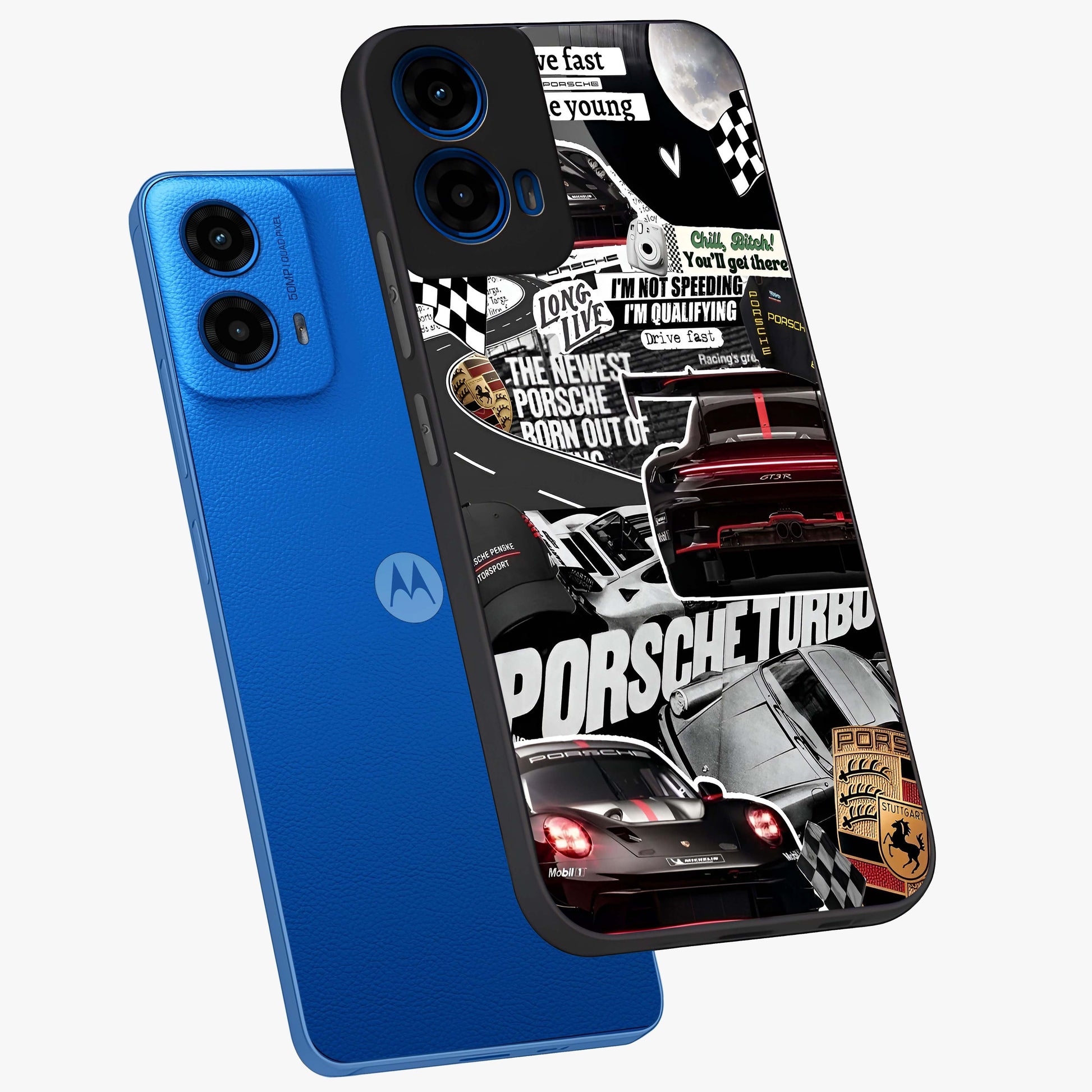 Porsche Racing Collage Glass Case displayed in angled mockup highlighting dynamic automotive design with bold racing aesthetic.