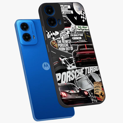 Porsche Racing Collage Glass Case displayed in angled mockup highlighting dynamic automotive design with bold racing aesthetic.