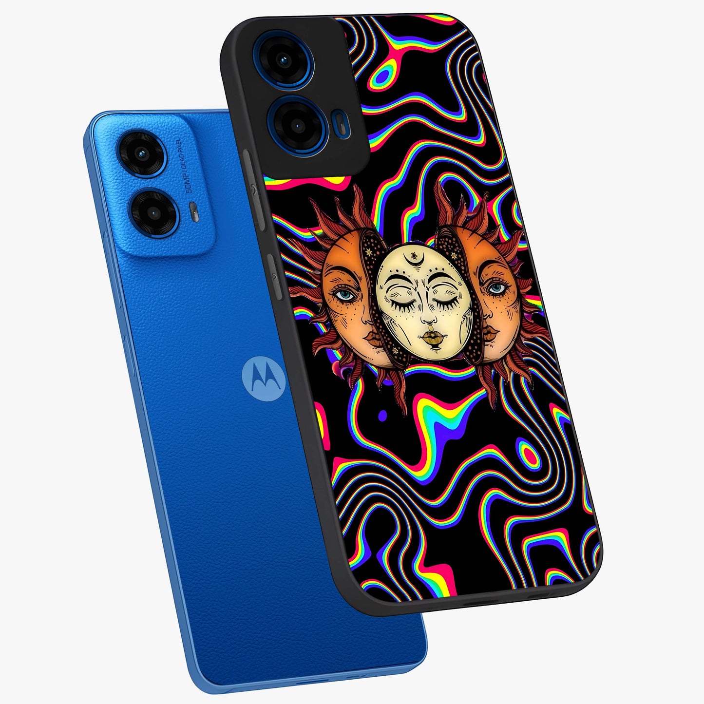 Psychedelic Sun Glass Case displayed in angled mockup highlighting vibrant abstract sun design with artistic aesthetic style.