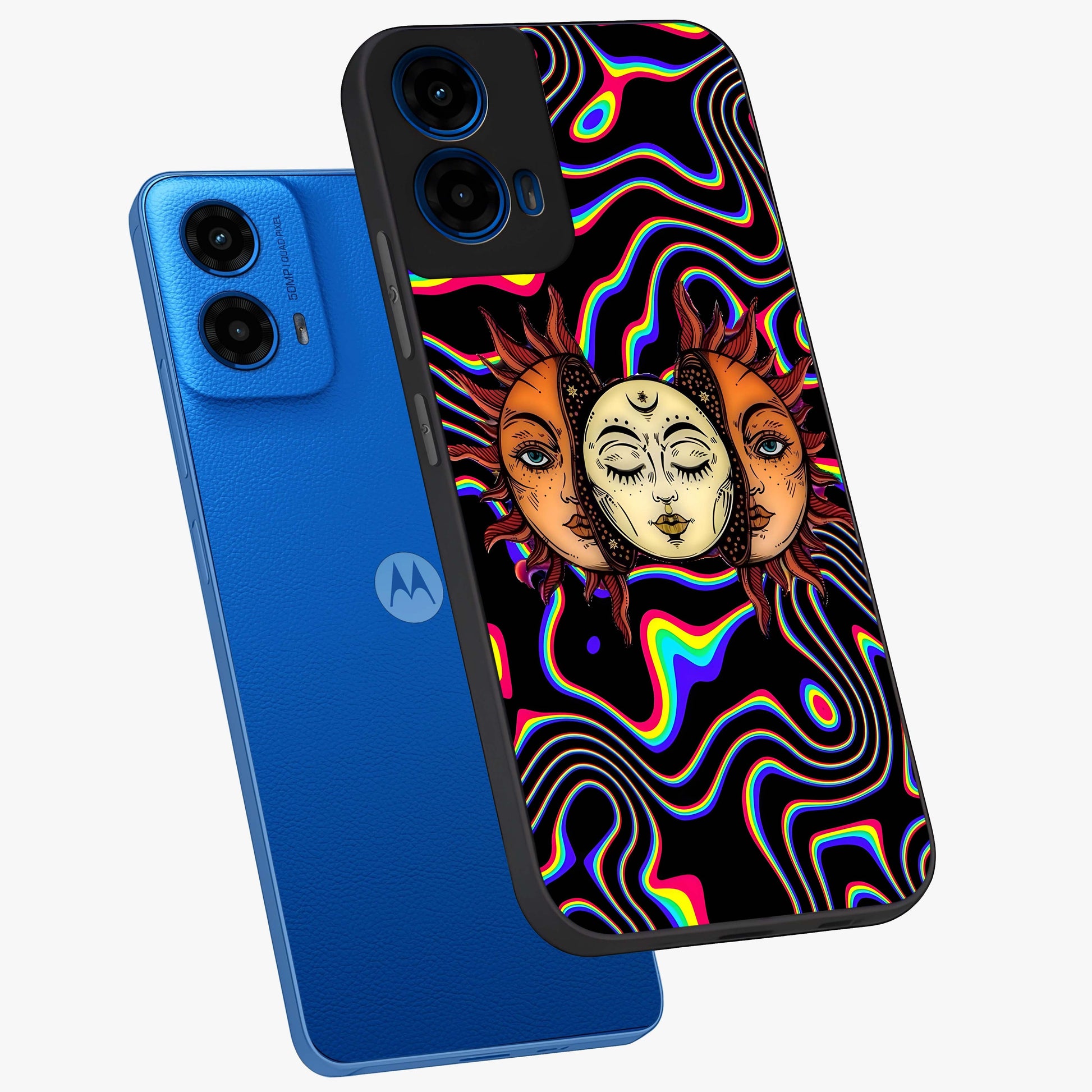 Psychedelic Sun Glass Case displayed in angled mockup highlighting vibrant abstract sun design with artistic aesthetic style.