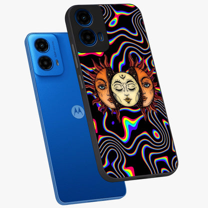 Psychedelic Sun Glass Case displayed in angled mockup highlighting vibrant abstract sun design with artistic aesthetic style.