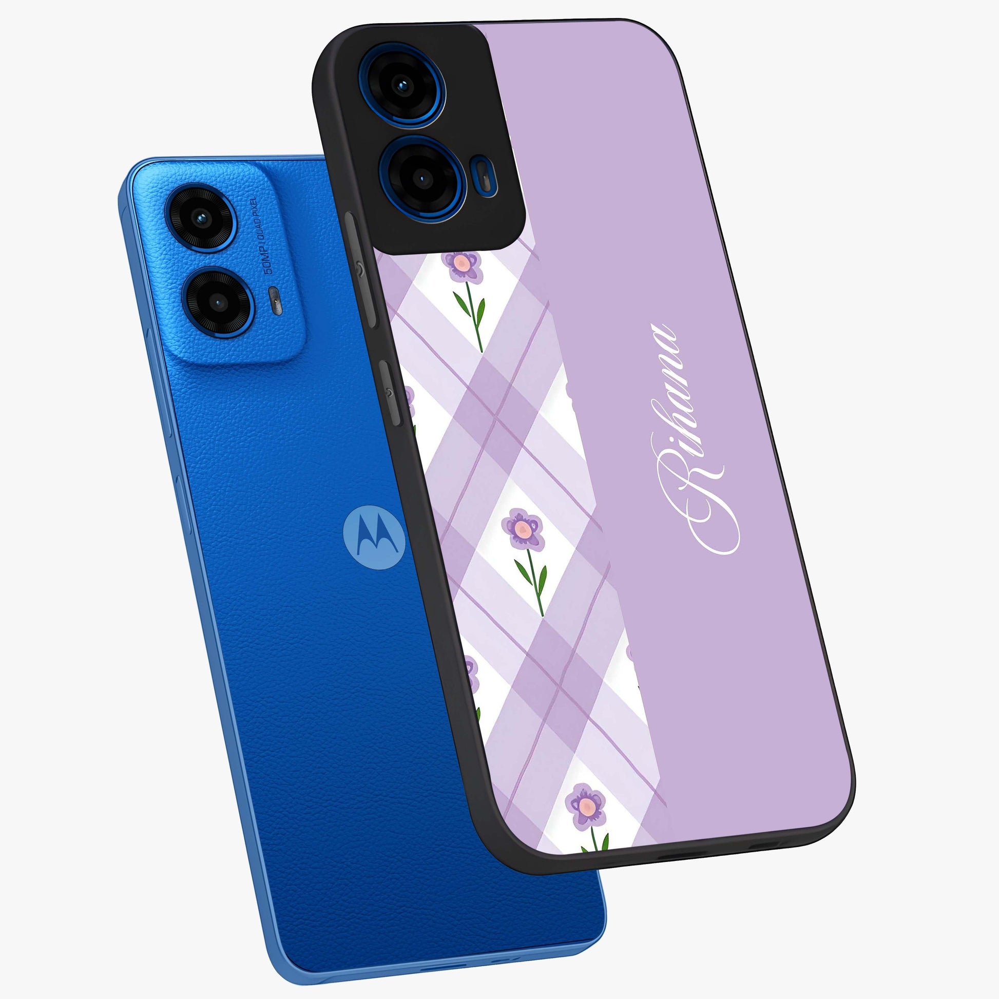 Purple Diamond Floral Glass Case displayed in angled mockup highlighting elegant purple flower design with decorative pattern.