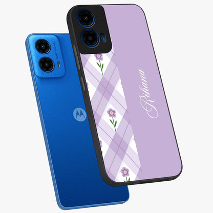 Purple Diamond Floral Glass Case displayed in angled mockup highlighting elegant purple flower design with decorative pattern.