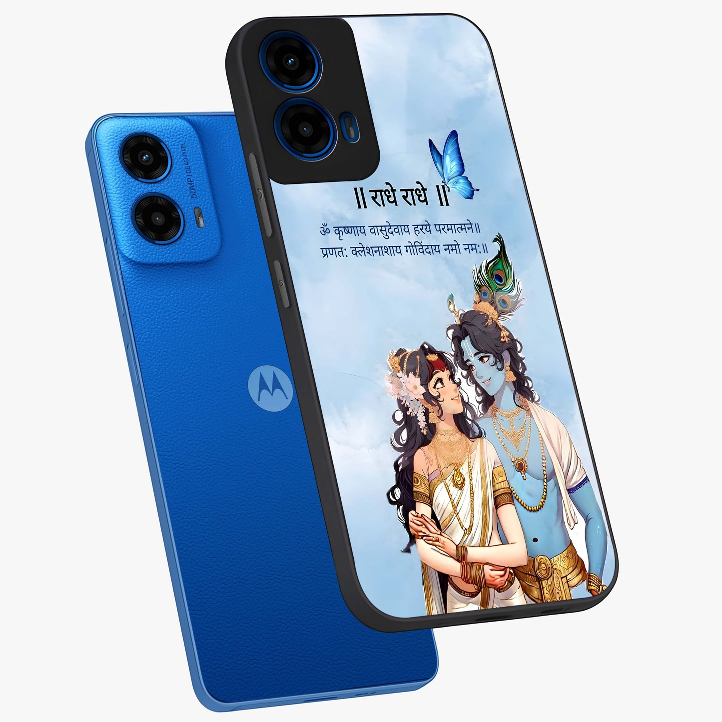 Radha Krishna Eternal Glass Case displayed in angled mockup highlighting divine Radha Krishna illustration with spiritual aesthetic.