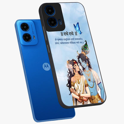 Radha Krishna Eternal Glass Case displayed in angled mockup highlighting divine Radha Krishna illustration with spiritual aesthetic.