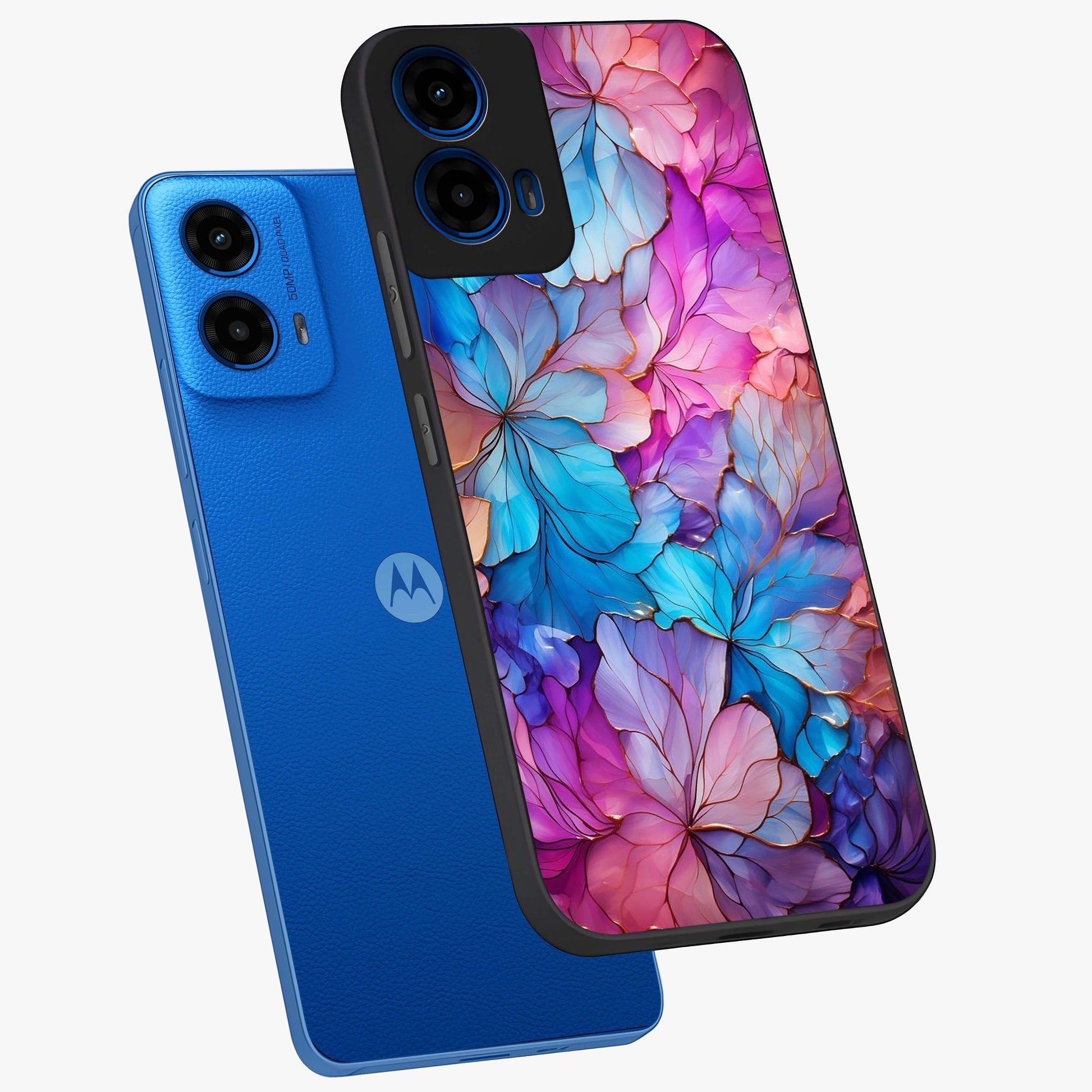 Radiant Floral Whirl Glass Case displayed in angled mockup highlighting vibrant flower pattern with dynamic artistic aesthetic.