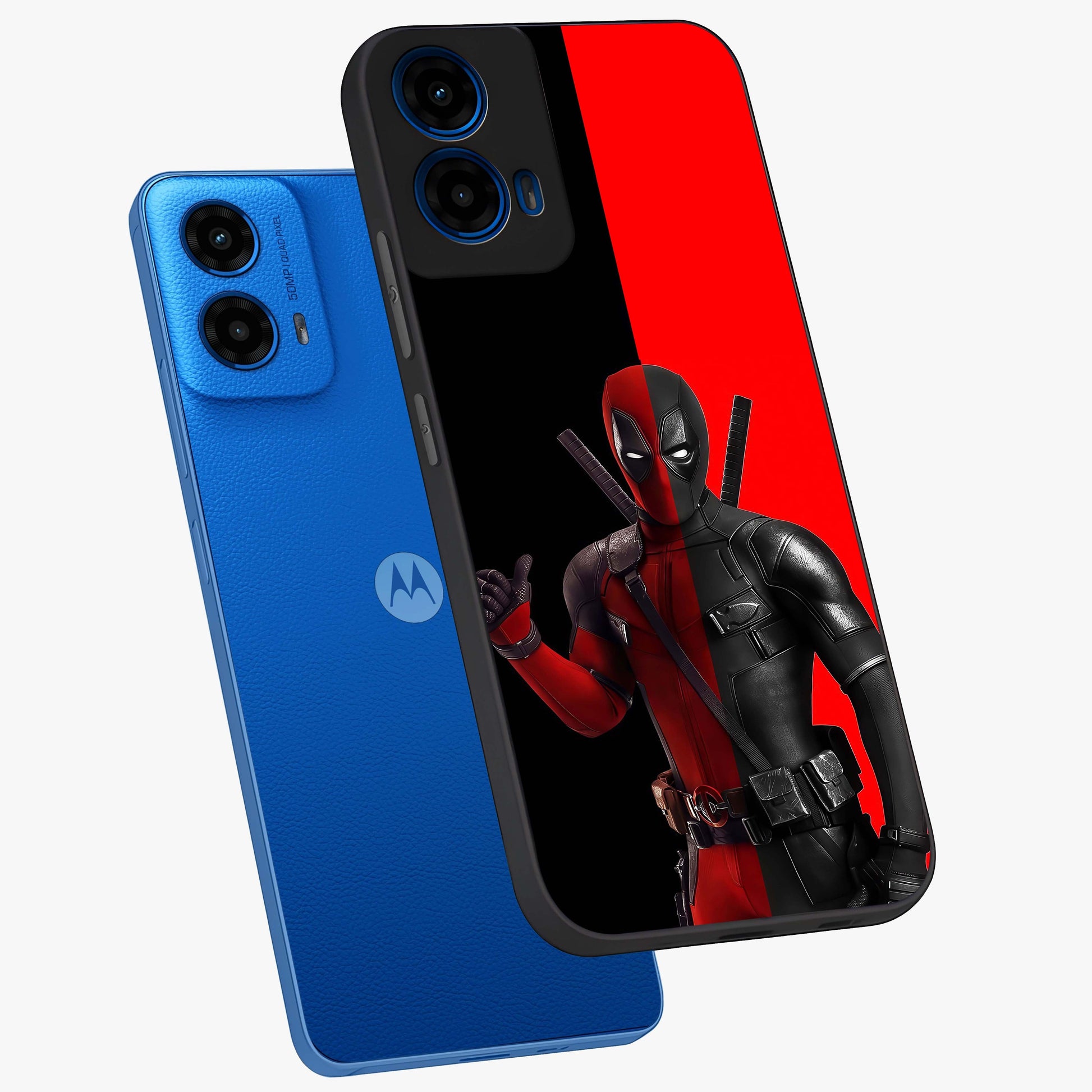 Red & Black Deadpool Theme Glass Case displayed in angled mockup highlighting vibrant superhero style illustration with action aesthetic.