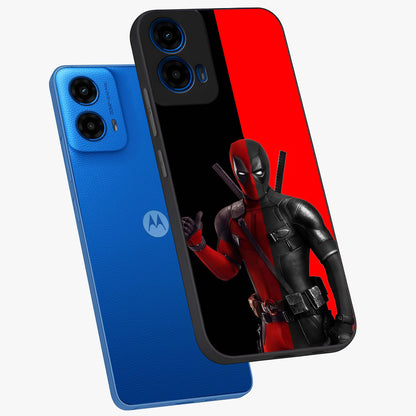 Red & Black Deadpool Theme Glass Case displayed in angled mockup highlighting vibrant superhero style illustration with action aesthetic.