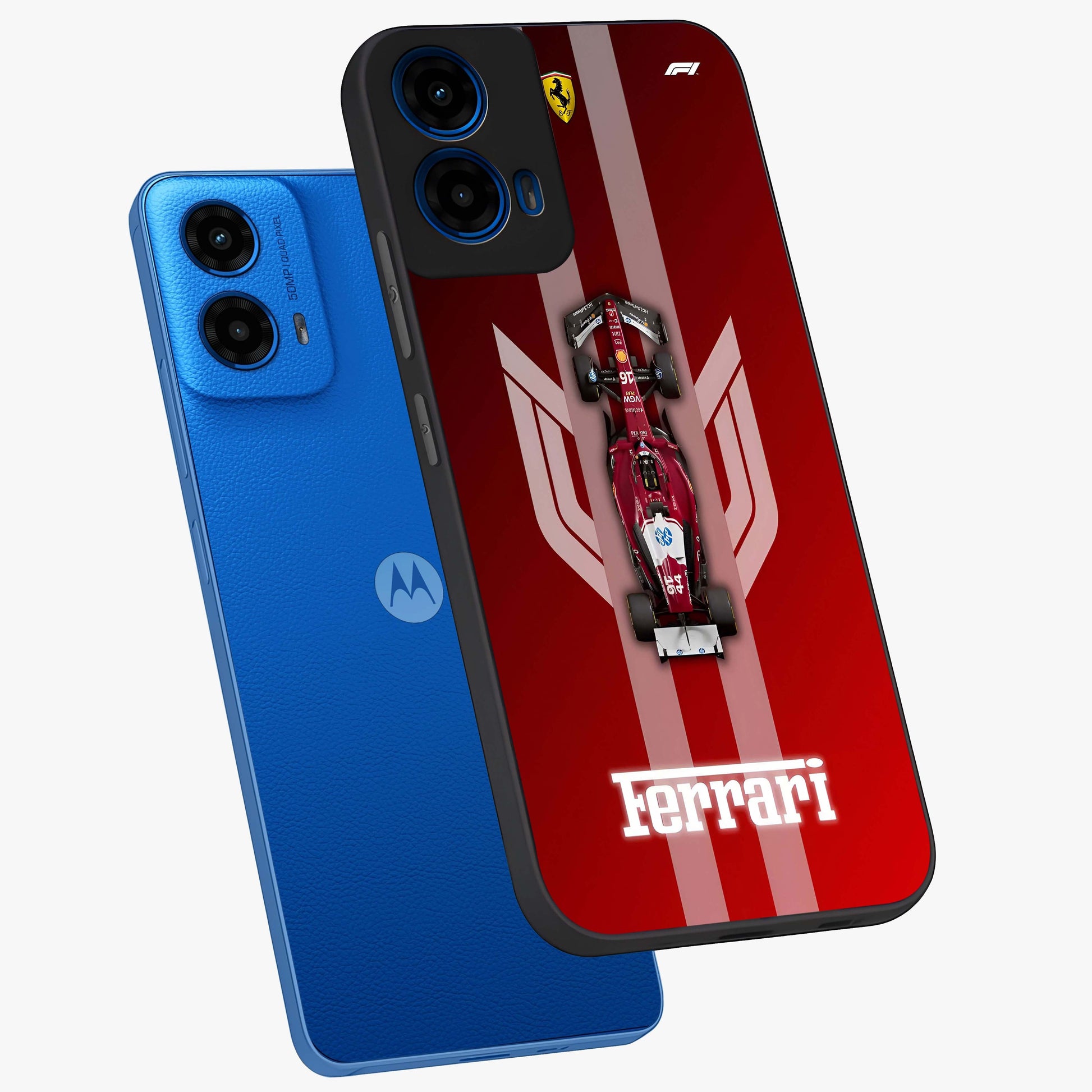 Red Ferrari F1 Vertical Glass Case displayed in angled mockup highlighting high speed racing design with bold automotive aesthetic.