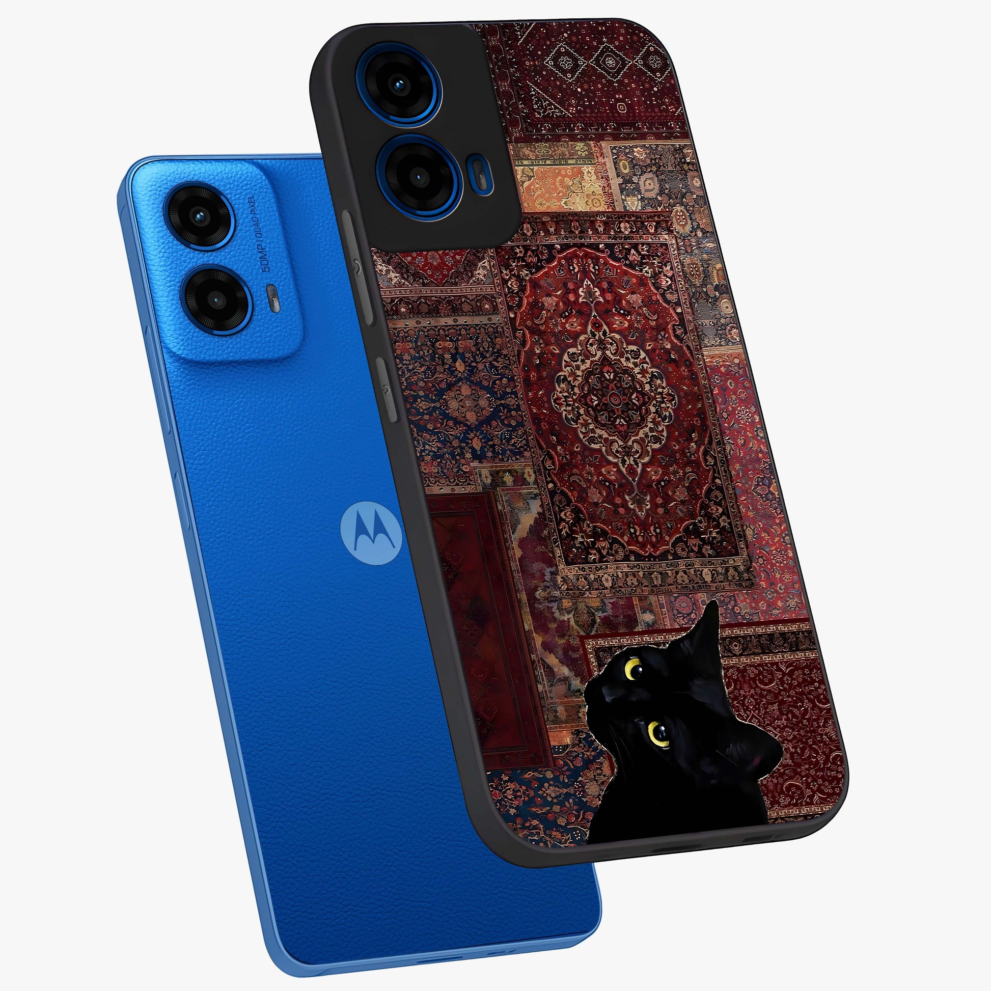 Regal Magic Cat Apple Glass Case displayed in angled mockup highlighting whimsical feline design with fantasy aesthetic.