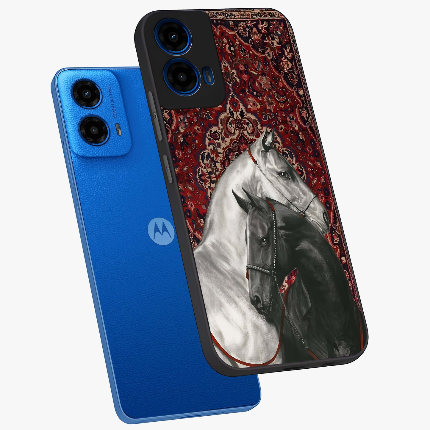 Regal Stallion Tapestry Glass Case displayed in angled mockup highlighting royal stallion design with decorative heritage aesthetic.