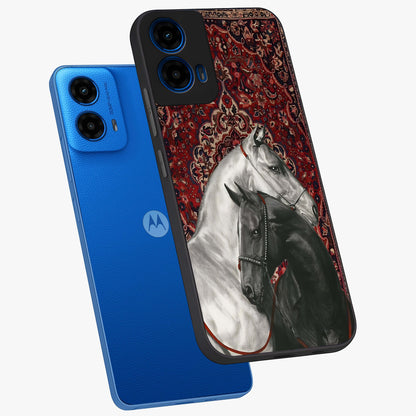 Regal Stallion Tapestry Glass Case displayed in angled mockup highlighting royal stallion design with decorative heritage aesthetic.