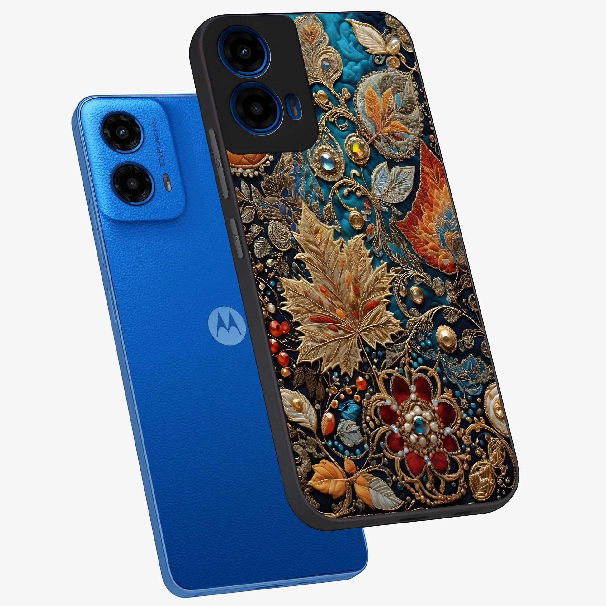 Royal Jewel Garden Glass Case displayed in angled mockup highlighting vibrant jewel inspired floral design with elegant aesthetic.