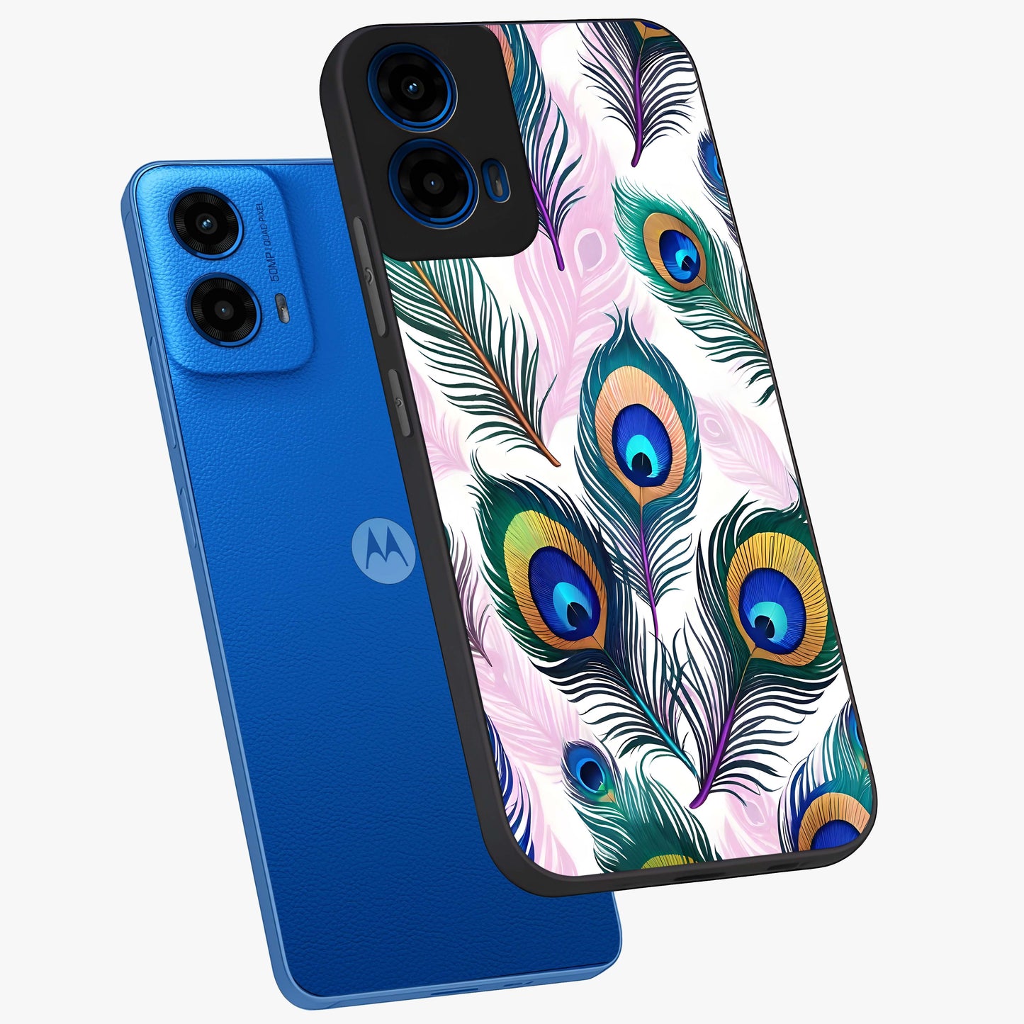 Royal Peacock Feathers Glass Case displayed in angled mockup highlighting vibrant feather pattern with regal aesthetic style.