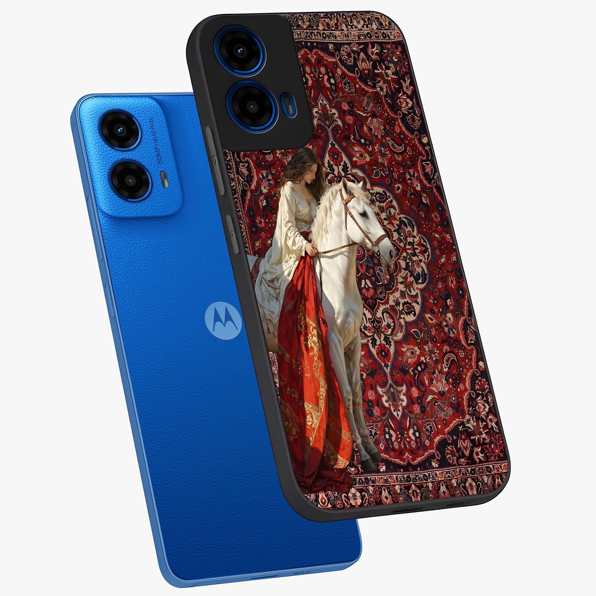Royal Rider Tapestry Glass Case displayed in angled mockup highlighting traditional tapestry design with royal heritage aesthetic.