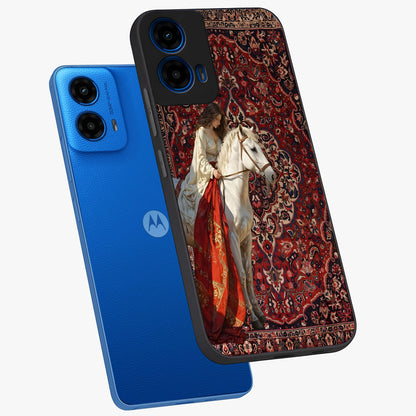 Royal Rider Tapestry Glass Case displayed in angled mockup highlighting traditional tapestry design with royal heritage aesthetic.