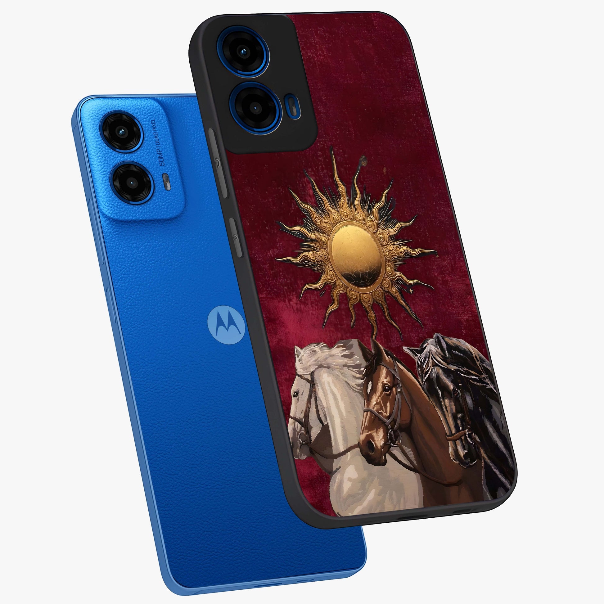 Solar Riders Glass Case displayed in angled mockup highlighting powerful rider illustration with radiant solar aesthetic.