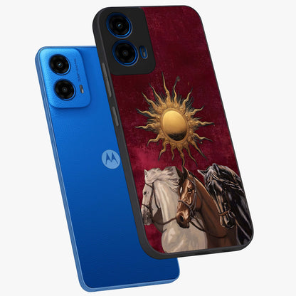 Solar Riders Glass Case displayed in angled mockup highlighting powerful rider illustration with radiant solar aesthetic.