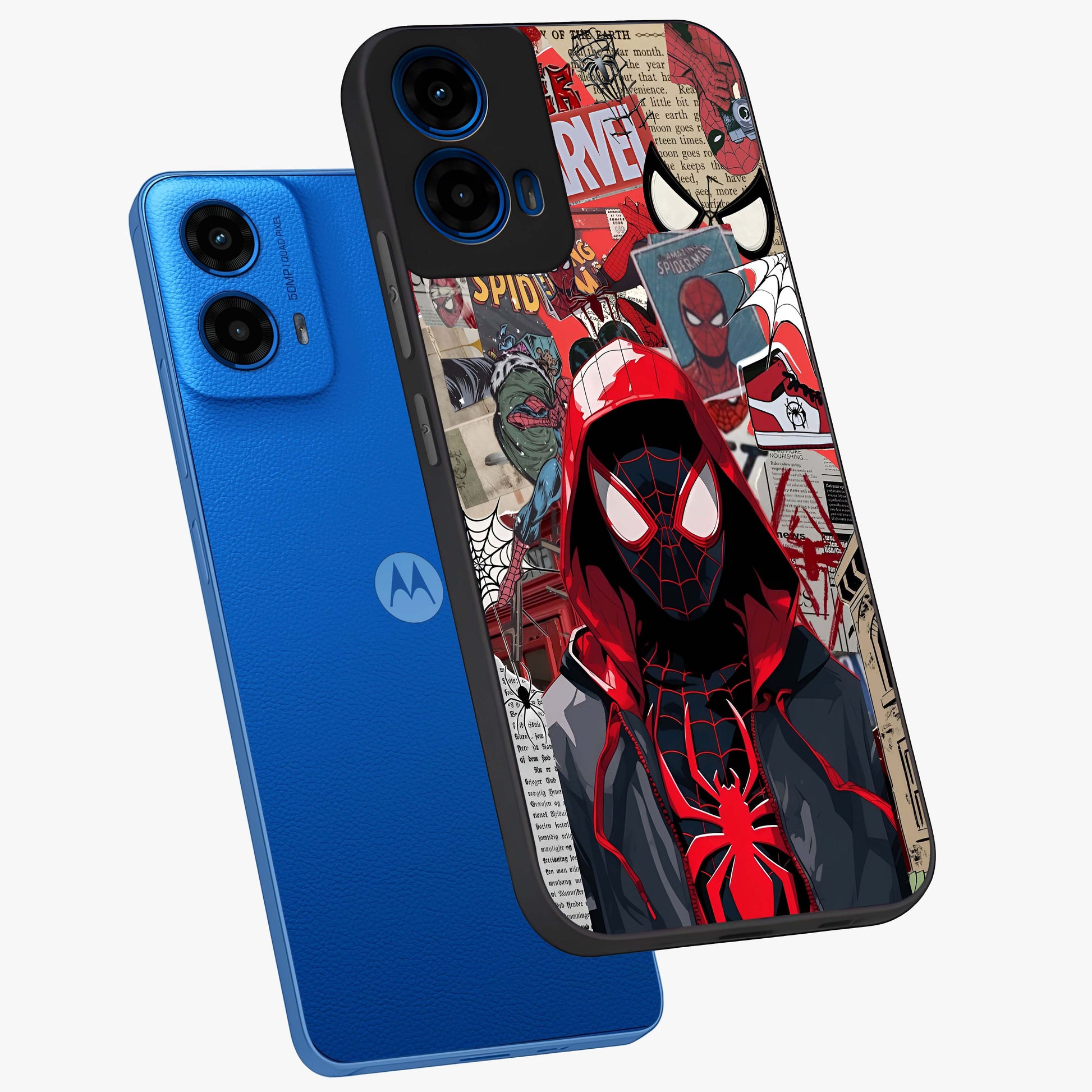 Spider Collage Street Glass Case displayed in angled mockup highlighting dynamic street style collage design with comic aesthetic.