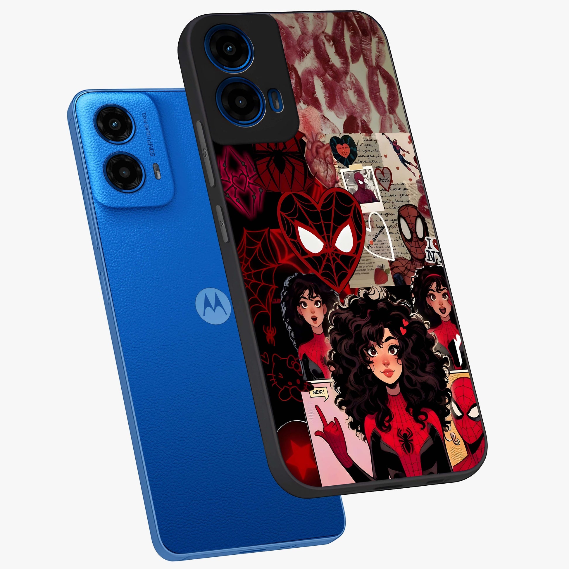 Spider Love Story Glass Case displayed in angled mockup highlighting expressive comic inspired design with playful aesthetic.