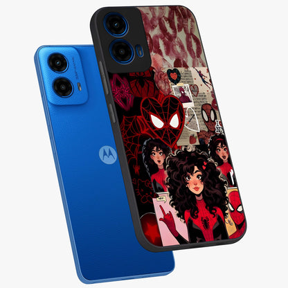Spider Love Story Glass Case displayed in angled mockup highlighting expressive comic inspired design with playful aesthetic.