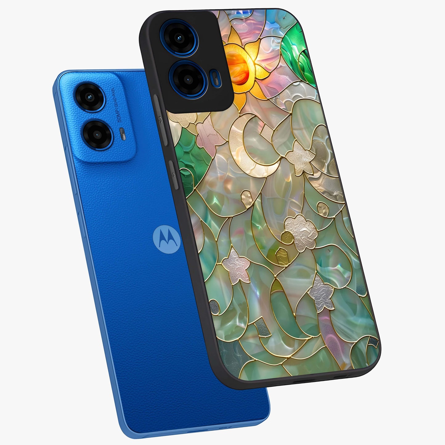 Stained Sunrise Glow Glass Case displayed in angled mockup highlighting radiant sunrise design with artistic aesthetic style.