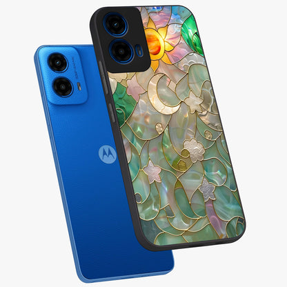 Stained Sunrise Glow Glass Case displayed in angled mockup highlighting radiant sunrise design with artistic aesthetic style.