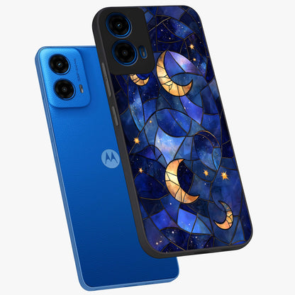 Starlit Sky Tapestry Glass Case displayed in angled mockup highlighting celestial night pattern with artistic aesthetic style.