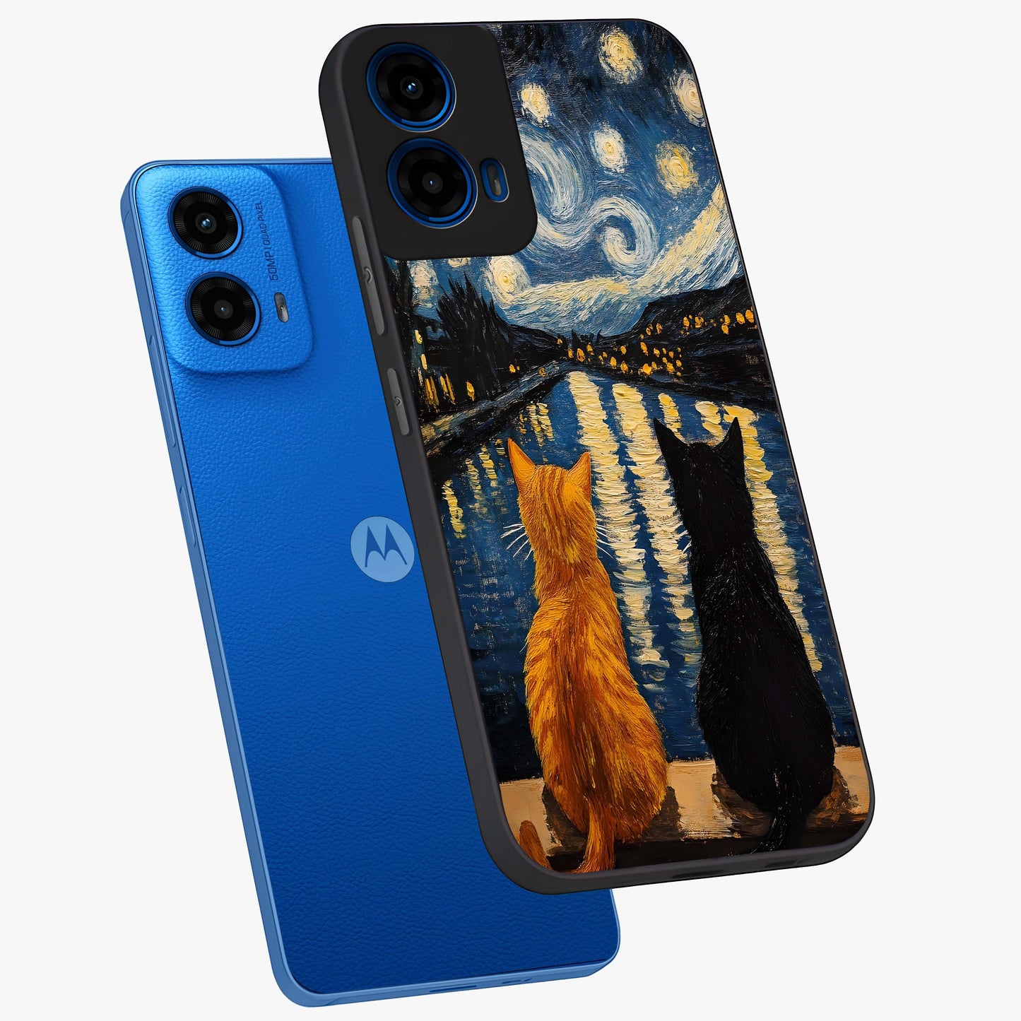 Starry River Cats Glass Case displayed in angled mockup highlighting charming feline illustration with dreamy night aesthetic.