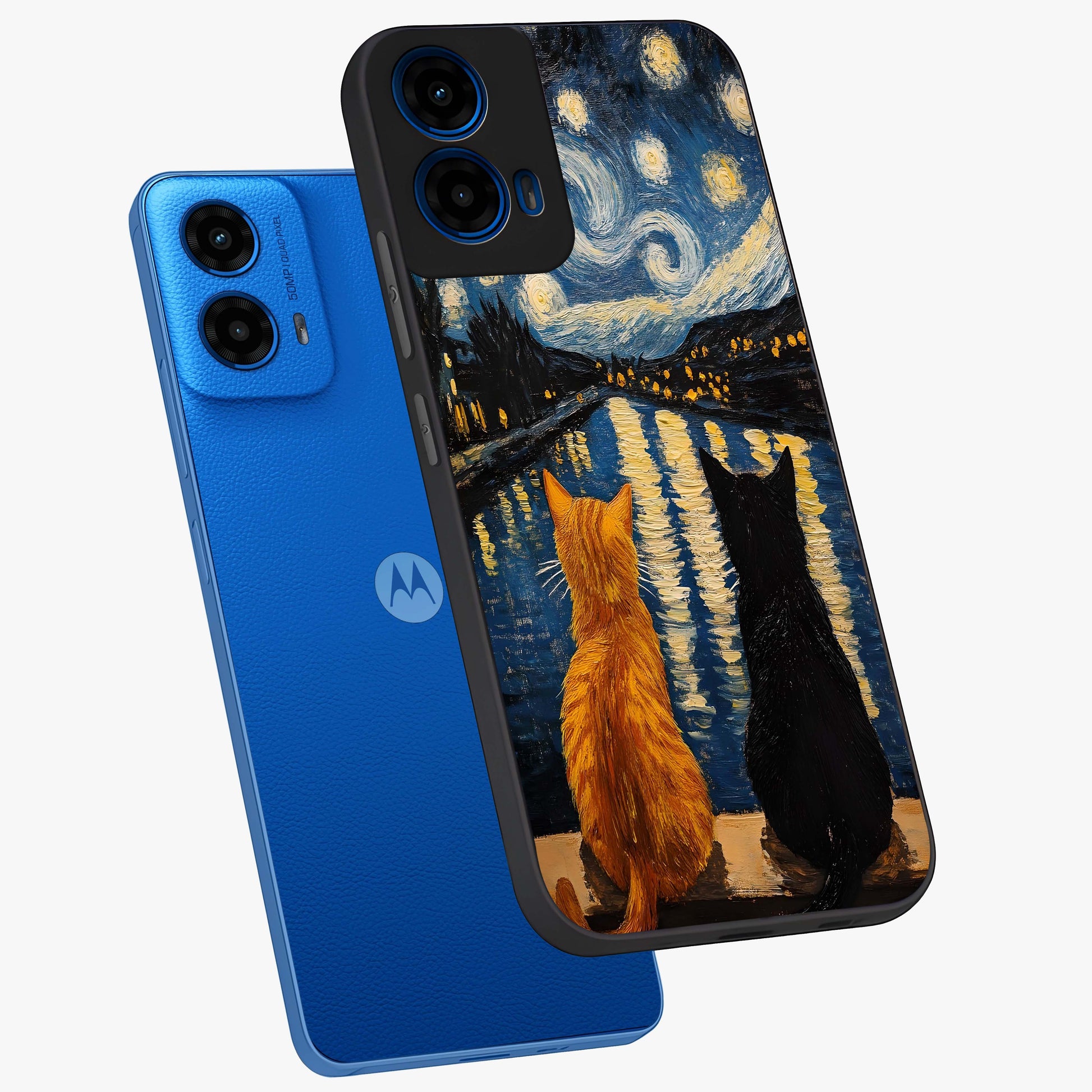 Starry River Cats Glass Case displayed in angled mockup highlighting charming feline illustration with dreamy night aesthetic.