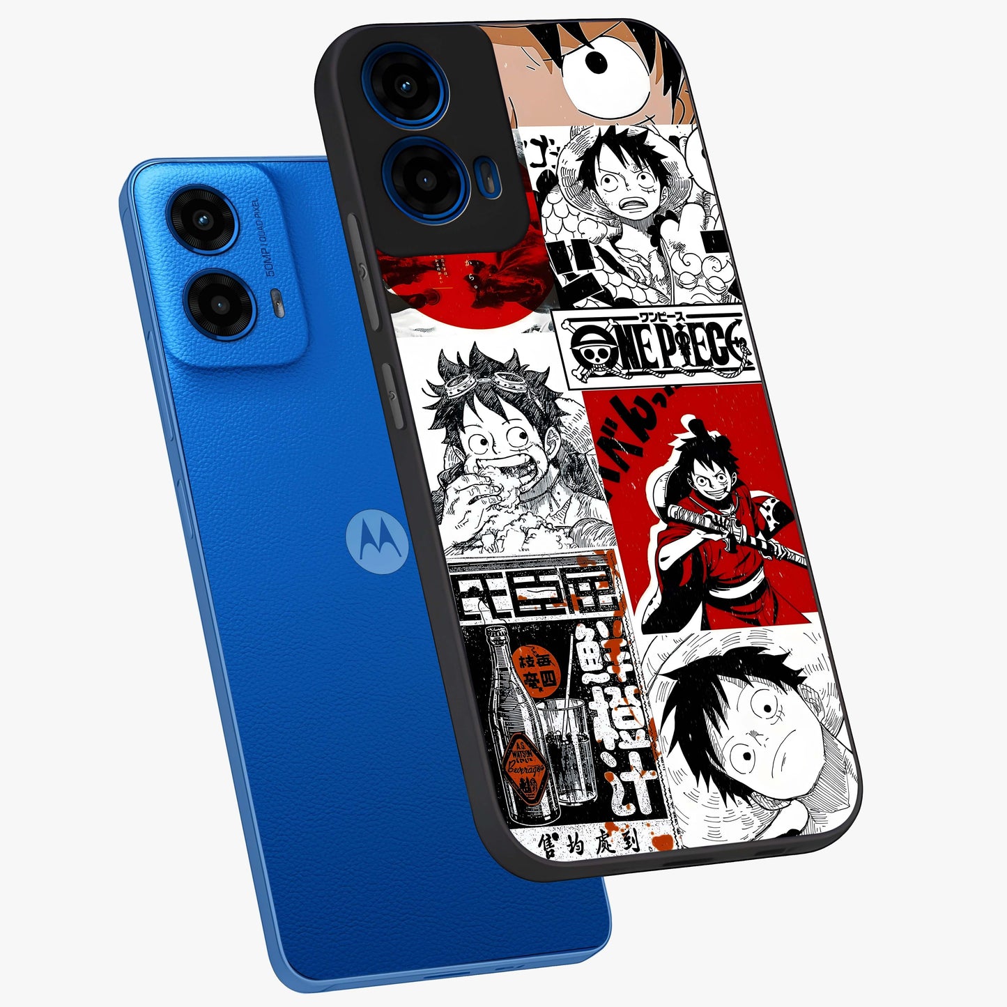 Strawhat Chaos Panels Glass Case displayed in angled mockup highlighting vibrant anime collage design with action aesthetic.