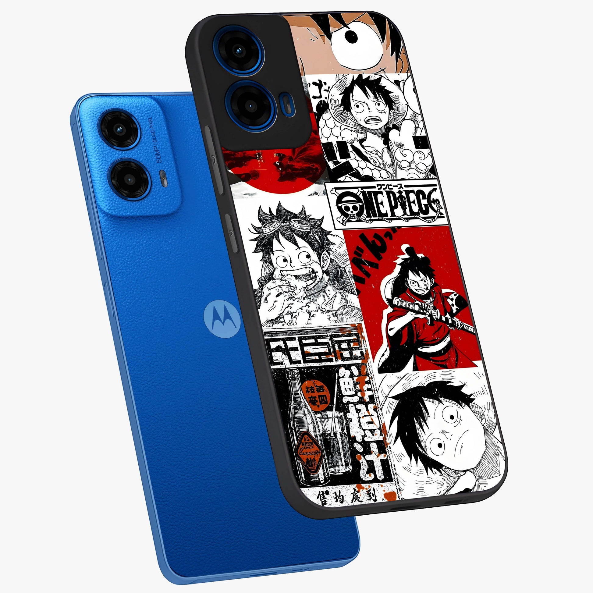 Strawhat Chaos Panels Glass Case displayed in angled mockup highlighting vibrant anime collage design with action aesthetic.
