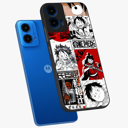 Strawhat Chaos Panels Glass Case displayed in angled mockup highlighting vibrant anime collage design with action aesthetic.