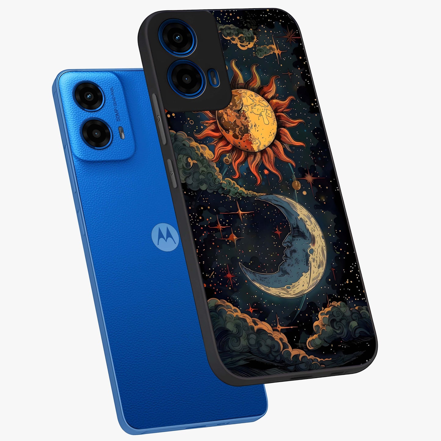 Sun And Moon Magic Design Glass Case displayed in angled mockup highlighting celestial design with magical cosmic aesthetic.