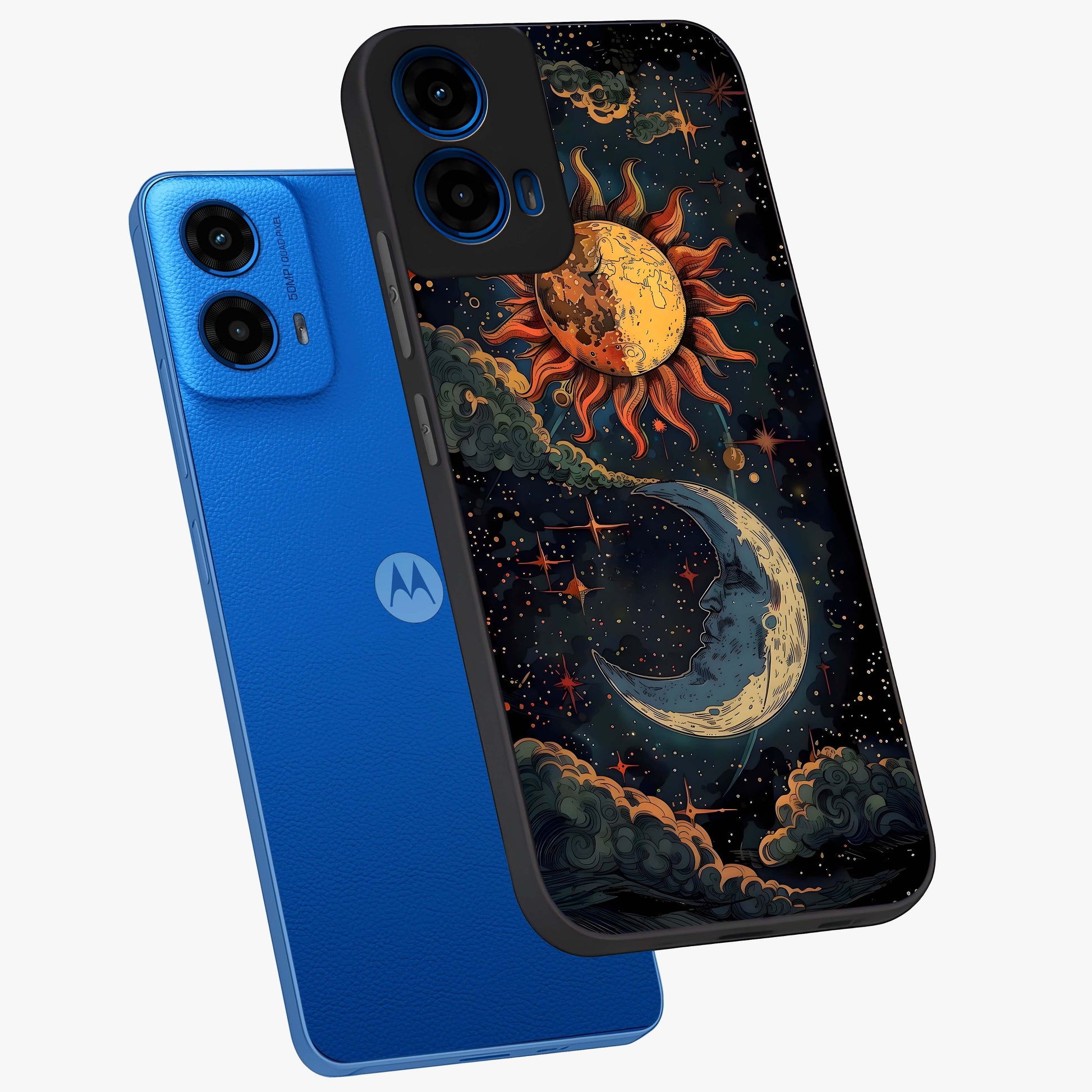 Sun And Moon Magic Design Glass Case displayed in angled mockup highlighting celestial design with magical cosmic aesthetic.