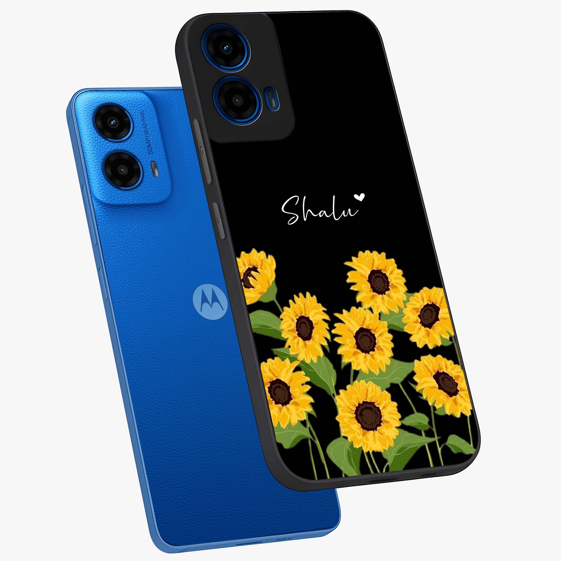 Sunflower Chic Mood Custom Name Glass Case displayed in angled mockup highlighting vibrant sunflower design with custom name feature.
