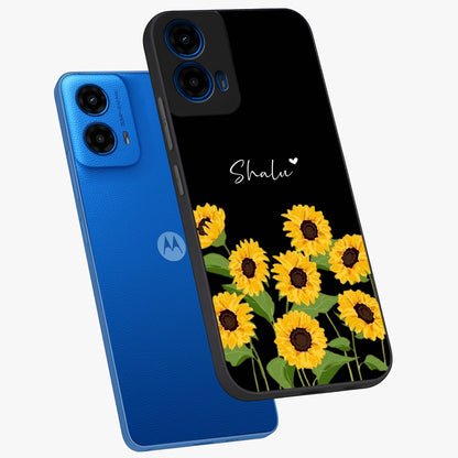 Sunflower Chic Mood Custom Name Glass Case displayed in angled mockup highlighting vibrant sunflower design with custom name feature.