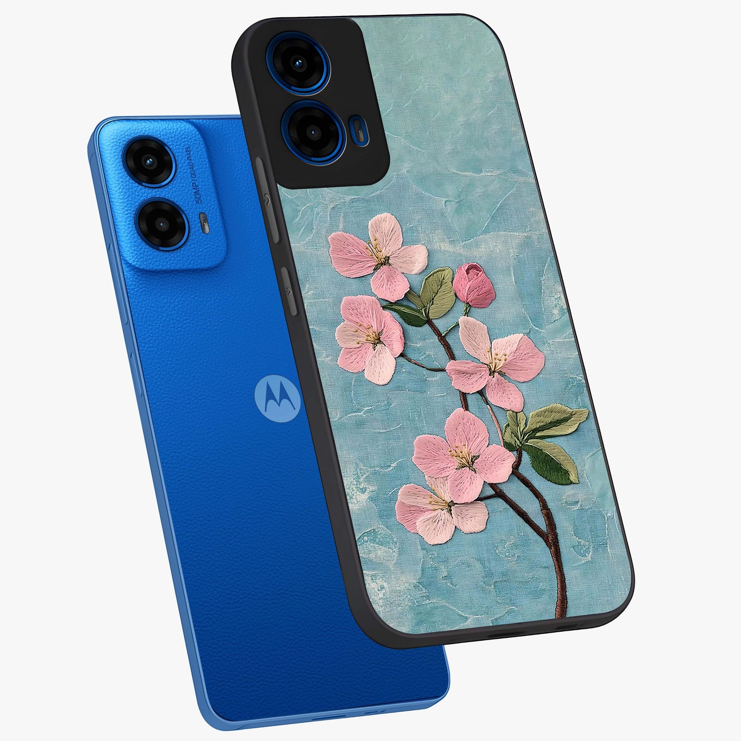Threaded Blossom Breeze Glass Case displayed in angled mockup highlighting elegant floral design with soft aesthetic style.