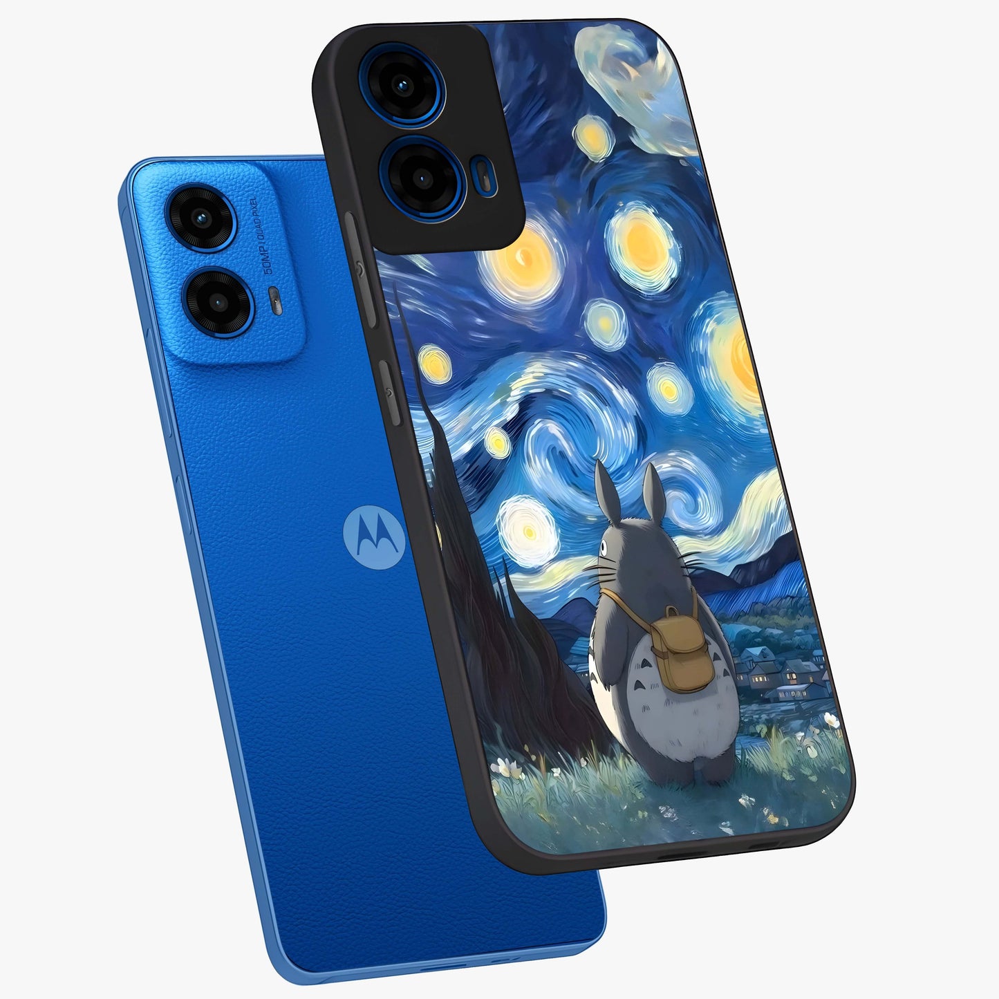 Totoro In Van Gogh Art Glass Case displayed in angled mockup highlighting artistic swirling sky design with playful animation aesthetic.
