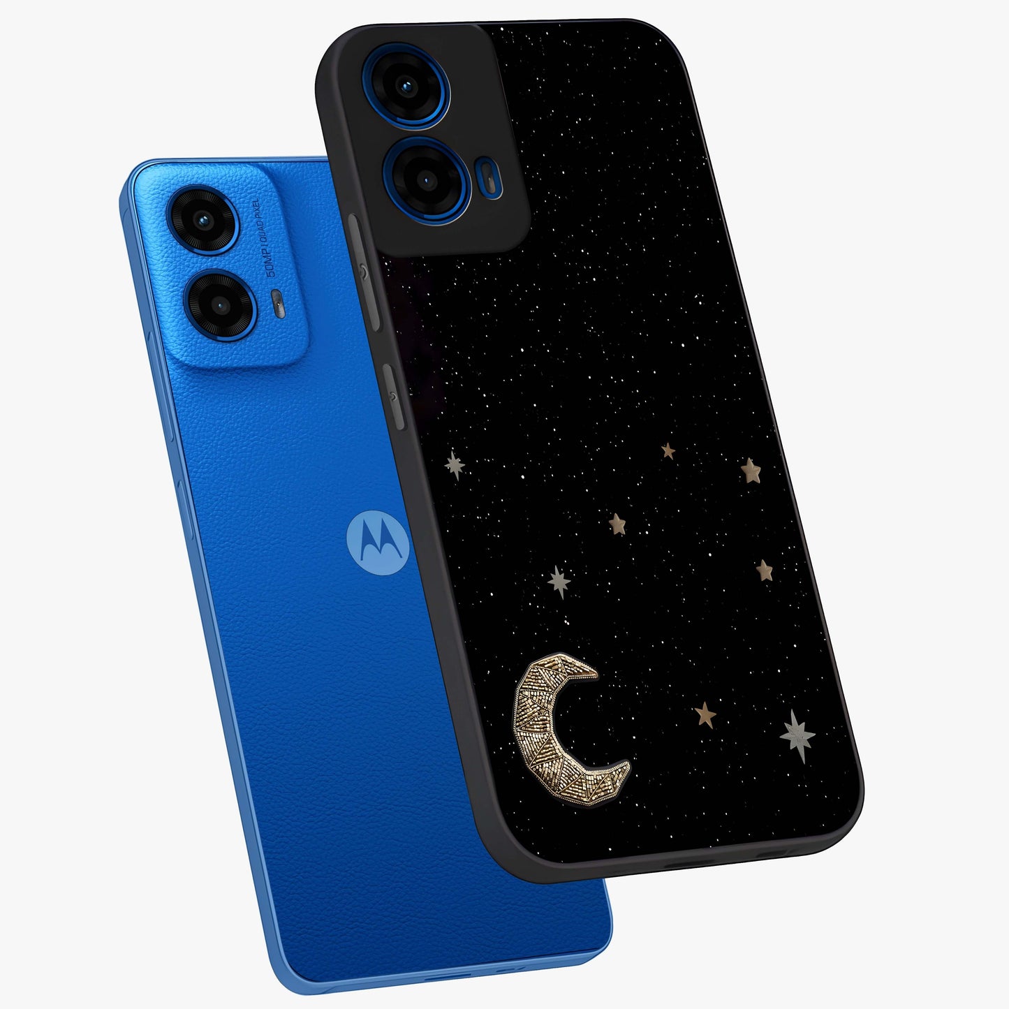 Twinkle Star With Half Moon Glass Case displayed in angled mockup highlighting celestial moon and star design with magical aesthetic.
