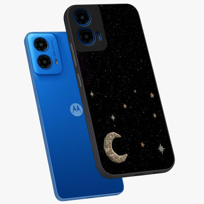 Twinkle Star With Half Moon Glass Case displayed in angled mockup highlighting celestial moon and star design with magical aesthetic.